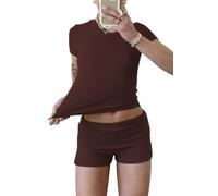 YETOWA Women's Casual Workout Two Piece Outfits Slim Short Sleeve Low Waist Foldover Shorts Tracksuit Sets Streetwear, Shorts Set:coffee, XS