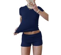 YETOWA Women's Casual Workout Two Piece Outfits Slim Short Sleeve Low Waist Foldover Shorts Tracksuit Sets Streetwear, Shorts Set:navy, S