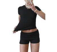 YETOWA Women's Casual Workout Two Piece Outfits Slim Short Sleeve Low Waist Foldover Shorts Tracksuit Sets Streetwear, Shorts Set:black, S