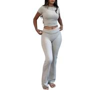 YETOWA Women's Yoga 2 Piece Outfits: Slim Short Sleeve Tops & Low Rise Flare Leggings Sets Versatile Fitness Sweatsuit, Heather Grey Short-sleeved Set, M