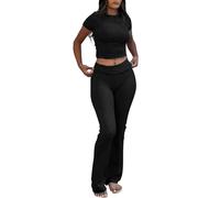 YETOWA Women's Yoga 2 Piece Outfits: Slim Short Sleeve Tops & Low Rise Flare Leggings Sets Versatile Fitness Sweatsuit, Black Short-sleeved Set, Medium