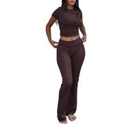 YETOWA Women's Yoga 2 Piece Outfits: Slim Short Sleeve Tops & Low Rise Flare Leggings Sets Versatile Fitness Sweatsuit, Coffee Short-sleeved Set, S