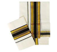 YETTALAN® Women's Kerala Traditional Cotton Set Mundu Cream Color with Fancy Border, Black, Bottom 2.00Mtr x Shawl 2.50Mtr