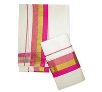 YETTALAN® Women's Kerala Traditional Cotton Set Mundu Cream Color with Fancy Border, PINK, Bottom 2.00Mtr x Shawl 2.50Mtr