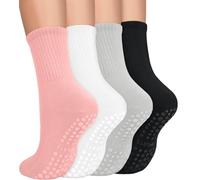 yeuG 4 Pairs Non Slip Pilates Socks with Grips for Women, Crew Grip Socks for Yoga, Barre, Hospital, Barefoot Workout
