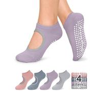 yeuG 4 Pairs Non Slip Pilates Socks with Grips for Women, Grip Socks for Yoga Barre Grippy Crew Socks Woman Sticky Socks