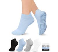 yeuG Non Slip Pilates Socks with Grips for Women, Grip Socks for Yoga Ballet Barefoot Workout Anti Skid Athletic Socks, D01-black/Blue/Light Grey/White, Small-Medium