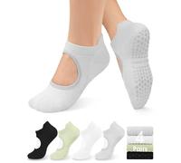 yeuG Non Slip Pilates Socks with Grips for Women, Grip Socks for Yoga Ballet Barefoot Workout Anti Skid Athletic Socks, A02-black/Light Green/Light Grey/White, Small/Medium