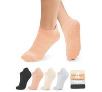 yeuG Non Slip Pilates Socks with Grips for Women, Grip Socks for Yoga Ballet Barefoot Workout Anti Skid Athletic Socks, B04-black/Peach Fuzz/Light Grey/Beige, Small-Medium