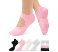 yeuG Non Slip Pilates Socks with Grips for Women, Grip Socks for Yoga Ballet Barefoot Workout Anti Skid Athletic Socks, A02-black/Light Grey/Pink/Ivory White, Small-Medium