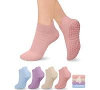 yeuG Non Slip Pilates Socks with Grips for Women, Grip Socks for Yoga Ballet Barefoot Workout Anti Skid Athletic Socks, D02-blue/Purple/Beige/Pink, Small-Medium