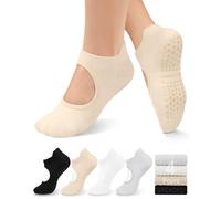 yeuG Non Slip Pilates Socks with Grips for Women, Grip Socks for Yoga Ballet Barefoot Workout Anti Skid Athletic Socks, A05-black/Light Grey/Beige/White, Small-Medium