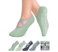 yeuG Non Slip Pilates Socks with Grips for Women, Grip Socks for Yoga Ballet Dance Barefoot Workout Anti Skid Crew Socks, A09-hale Navy/Pastel Grey-blue/Green/Light Green, S/M
