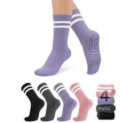 yeuG Non-Slip Pilates Socks with Grips for Women, Non-Slip Yoga Ballet Socks Barefoot Training Sports Socks, D04-Black/Dark Grey/Light Purple/Pink, S-M
