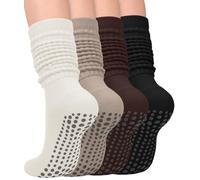 yeuG Pilates Grip Socks for Women Yoga Slouch Socks with Grip for Barre Knee High Boot Socks Long Scrunch Slipper Socks, 01-black/Coffee/Beige/Cream, Small-Medium