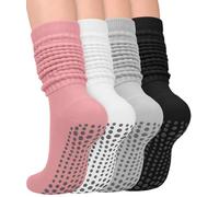 yeuG Pilates Grip Socks for Women Yoga Slouch Socks with Grip for Barre Knee High Boot Socks Long Scrunch Slipper Socks, 03-black/Pink/Light Grey/White, Small-Medium