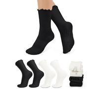YeuG Pilates Socks with Grips - Non Slip, Ruffle, Cute Turn-Cuff Crew Frilly Socks for Women's Yoga