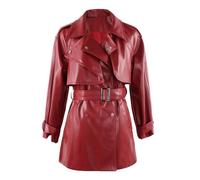 Yeuyyben Spring Autumn Elegant Soft Wine Red Faux Leather Trench Coat For Women Belt