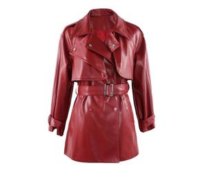 Yeuyyben Spring Autumn Elegant Soft Wine Red Faux Leather Trench Coat For Women Belt