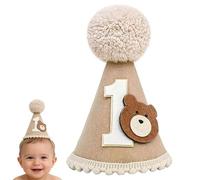 YEVON 1st Birthday Hat for Baby Boys Girls - Soft Felt Teddy Bear First Birthday Hat with Pom Pom, Adjustable Baby Party Hat for 1 Year Old Birthday Decorations and Photo Props