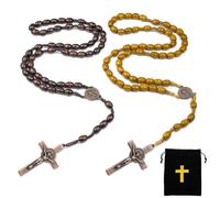 YEVON 2PCS Rosary Beads for Women Men - Wooden Catholic Prayer Beads with Cross Crucifix, 60cm Necklace with Storage Bag for Meditation, Bible, Communion and Daily Wear