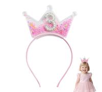 YEVON 3rd Birthday Crown Headband for Girls - Pink Glitter Three Birthday Crown with Pearls, Princess Party Decorations for 3 Year Old Girl, Sparkling Party Headband for Toddler Outfit & Photos