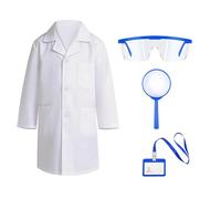 YEVON 4 Pcs Scientist Costume Set - White Lab Coat with Goggles ID Card Lanyard and Magnifier - Science Theme Fancy Dress Outfit for School Event Party Costume