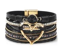YEVON Boho Bracelets for Women - Multilayer Black Leather Bracelet with Heart Accent - Magnetic Bracelets for Women Gifts - Cowgirl Style Jewellery for Birthday & Holiday