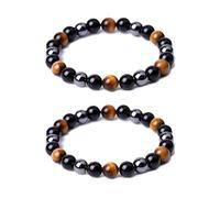 YEVON Triple Protection Bracelet for Men - 2 Pack 8mm Protection Crystals Bracelets - Hematite Beads,Tiger Eye & Black Obsidian - Crystal Beaded Protection Bracelet for Gifts
