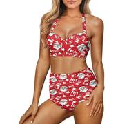Yewattles Womens Bikini Two Piece Swimsuits Tummy Control Bathing Suits High Waisted Bikini Swimwear, Red Classic Red Christmas Santa Claus, Medium