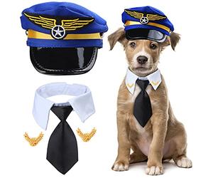 Yewong 3-Piece Pet Captain Costume Accessory Set - Dog & Cat Pilot Hat, Formal Necktie & Collar - Fancy Dress & Halloween Party (Set-B)