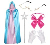 Yewong 5 Pieces Blue Fairy Costume Set Include Hooded Cloak Cape Pre tied Bowtie Star Wand Costume Gloves and Glasses Frame for Women Halloween Cosplay