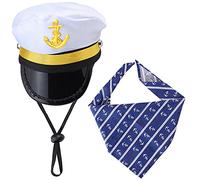 Yewong Pet Captain Sailors Costume Set Dog Cat Sea Captain Hat with Pet Anchor Triangle Bibs Scarf for Cat Puppy Navy Halloween Cosplay Costume Accessories Photo Props (White-C)
