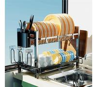 Yexati 2 Tier Dish Drying Rack, Space Saving Dish Drainer with Utensil Organizer, Cutting Board Holder & 3 Hooks, Modern Kitchen Dish Rack with Anti-Rust Coating, Black