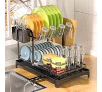 Yexati Large Capacity Dish Drainer 2-Tier Dish Drying Holder with Drip Tray Anti-Rust Dish Rack for Kitchen Counter Plus Utensil Holder, Drain for Bottles,Cup Rack for Kitchen Counter, Black