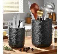 YEXEXINM 2 PCS Kitchen Utensil Holder Ceramic for Countertop, 7” + 5.3” Matte Ceramic Cooking Utensil Crock for Counter, Large Kitchen Ware Organization Jar for Spatula Spoon Forks Plant (Black)