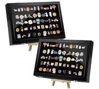 YEXEXINM 2 Pcs Pin Display Case, 14" X 9.5" Large Enamel Pin Collection Display Frame for Tabletop and Wall, Clear Lid Brooch Badge Storage Box for Military Medals, Jewelry Earrings Necklace