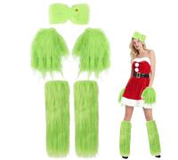 YEXEXINM 3 Pcs Christmas Big Monster Santa Cosplay Costume for Women with Green Fuzzy Faux Leg Warmers Hand Gloves and Furry Hair Bow, Halloween Costumes for Adult Outfit Accessories