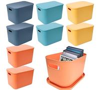 YEXEXINM 8 Pack Colorful Plastic Storage Bins with Lid and Handle，Stackable Storage Box Basket Containers，Desktop Storage Box Cubby Bins for Shelf Cabinet Kitchen Bathroom Office，13.4 x 7 x 6.1Inch