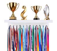 YEXEXINM White Medal Hangers Display Holder Rack with 25 Hooks Wooden Race Trophy Shelf Wall Mount Organizer for Trophies Awards Medals Ribbons Sports Lover Gift