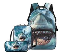 Yexignaon 3pcs Backpack for School Shark Boys Backpack with Lunch Box and Pencil Case Cool Bookbag Set for Primary Middle School Back to School Supplies
