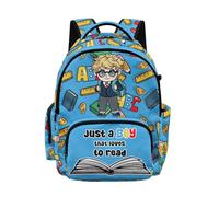 Yexignaon Rnyleeg Just a Boy that Loves to Read Backpack for School Boys 6-8 8-10 Boys Backpack 10-12 Years Old Lightweight 2Nd-5Th Grade Primary School Bag with Zipper Pocket&Cup Holder