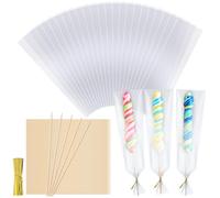 Yexiya 100 Pcs Cellophane Treat Bags with Twist Ties and 100 Pcs Natural Bamboo Skewers 3 x 11 Inches Clear Rod Bags for Packaging Candies Cookies Kabobs