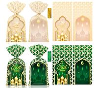 Yexiya 100 Pcs Eid Mubarak Gift Bags Reusable Plastic Ramadan Goodie Candy Treat Bags Islam Muslim Castle Moon Star Printed with Twist Ties for Eid Mubarak Gifts Party Decoration (Green and White)