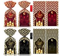 Yexiya 100 Pcs Eid Mubarak Gift Bags Reusable Plastic Ramadan Goodie Candy Treat Bags Islam Muslim Castle Moon Star Printed with Twist Ties for Eid Mubarak Gifts Party Decoration (Black and Red)