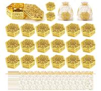 Yexiya 20 Pack Golden Indian Return Gifts Diwali Decorations for Pooja, Hollow Gift Box with Organza Bags, Tea Light Holder, Indian Puja Home Decorations (Hexagonal Style)