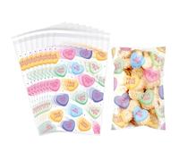 Yexiya 200 Pcs Valentine Candy Cookie Bags Clear Self Adhesive Cellophane Holiday Treat Bags Resealable 4 x 6 Inches Sealable Heart Print for Valentine Cookies Packaging Candy Products