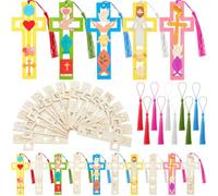 Yexiya 200 Pcs Wooden Cross Bookmarks with Tassels 100 Set Unfinished Wood Religious Craft Kits, DIY Bible Verse Markers with Hollow Designs for Easter Gifts, Church Fellowship & Christian Book Club
