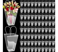 Yexiya 96 Pcs Floral Bags Large Clear Flower Bouquet Bag with Handle Transparent Florist Gift Packaging Plastic Gift for Birthday Christmas Valentine Mother's Day Wedding, 11.4 x 5.9 x 16.7 Inch