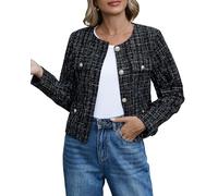 YEXPINE Cropped Tweed Blazer Jackets for Women Elegant Slim Collarless Business Casual Outfits, Black Plaid, S